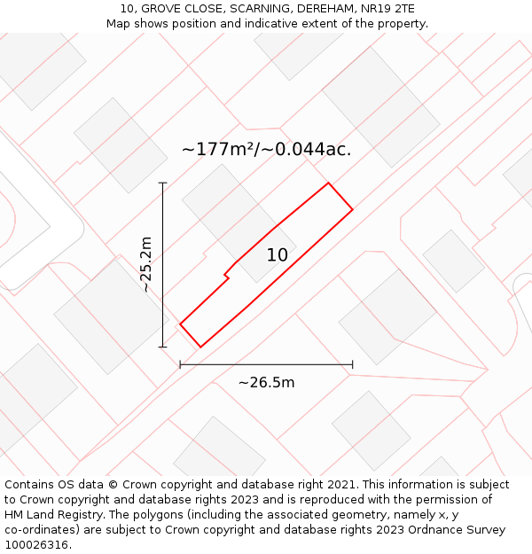 10, GROVE CLOSE, SCARNING, DEREHAM, NR19 2TE: Plot and title map