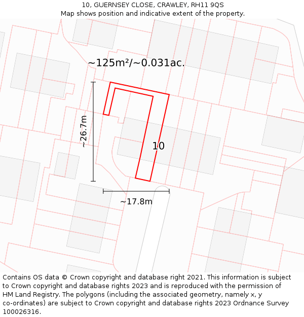 10, GUERNSEY CLOSE, CRAWLEY, RH11 9QS: Plot and title map