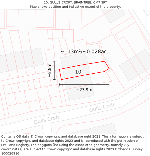 10, GULLS CROFT, BRAINTREE, CM7 3RT: Plot and title map