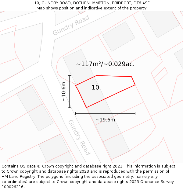 10, GUNDRY ROAD, BOTHENHAMPTON, BRIDPORT, DT6 4SF: Plot and title map