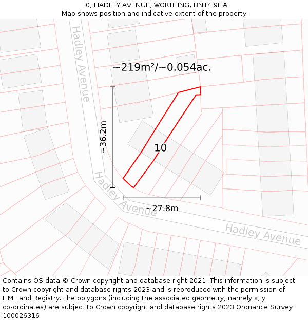 10, HADLEY AVENUE, WORTHING, BN14 9HA: Plot and title map