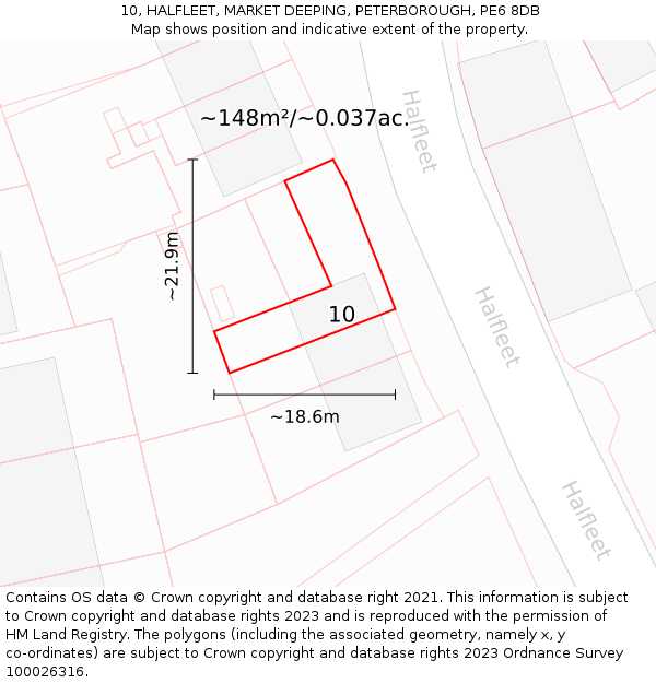 10, HALFLEET, MARKET DEEPING, PETERBOROUGH, PE6 8DB: Plot and title map