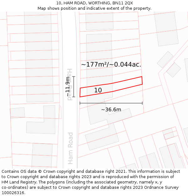 10, HAM ROAD, WORTHING, BN11 2QX: Plot and title map