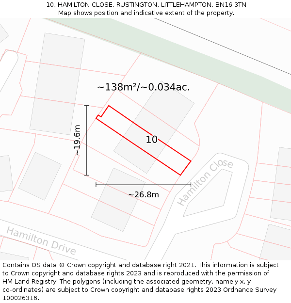 10, HAMILTON CLOSE, RUSTINGTON, LITTLEHAMPTON, BN16 3TN: Plot and title map