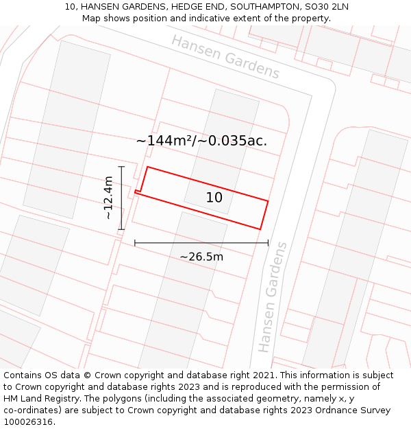 10, HANSEN GARDENS, HEDGE END, SOUTHAMPTON, SO30 2LN: Plot and title map