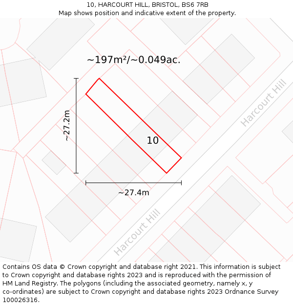 10, HARCOURT HILL, BRISTOL, BS6 7RB: Plot and title map