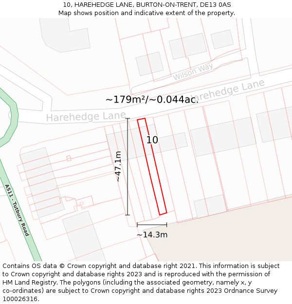 10, HAREHEDGE LANE, BURTON-ON-TRENT, DE13 0AS: Plot and title map