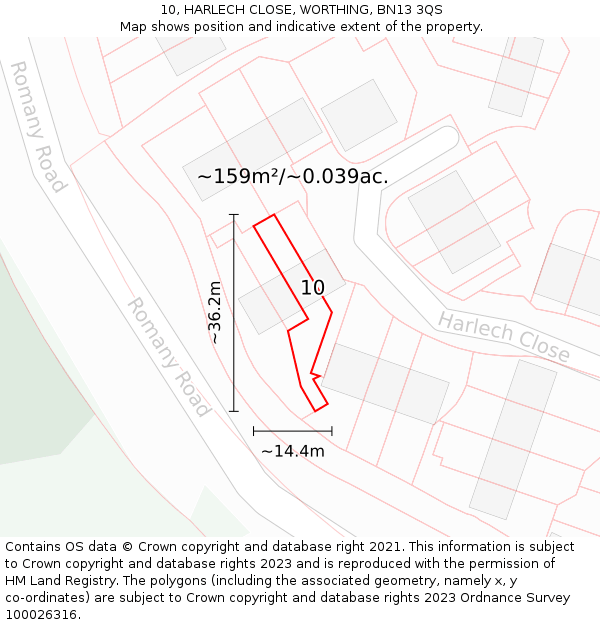 10, HARLECH CLOSE, WORTHING, BN13 3QS: Plot and title map