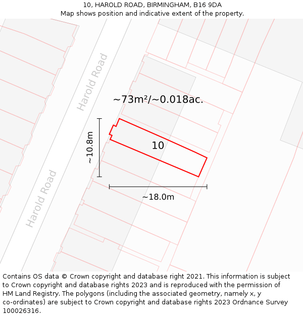 10, HAROLD ROAD, BIRMINGHAM, B16 9DA: Plot and title map
