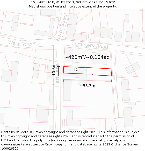 10, HART LANE, WINTERTON, SCUNTHORPE, DN15 9TZ: Plot and title map