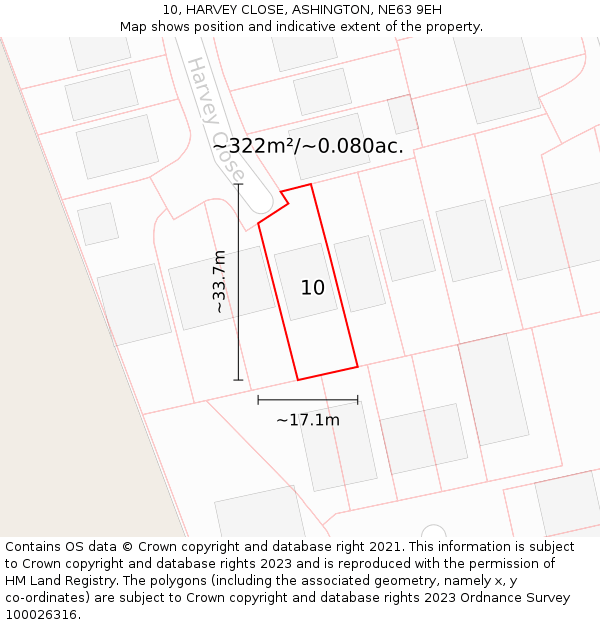 10, HARVEY CLOSE, ASHINGTON, NE63 9EH: Plot and title map