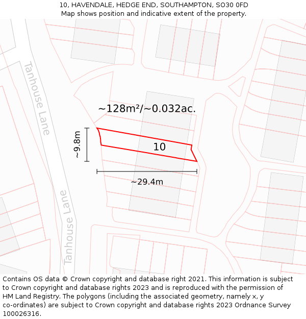 10, HAVENDALE, HEDGE END, SOUTHAMPTON, SO30 0FD: Plot and title map
