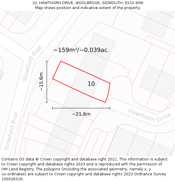 10, HAWTHORN DRIVE, WOOLBROOK, SIDMOUTH, EX10 9XW: Plot and title map
