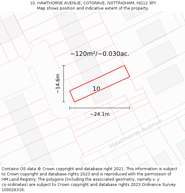 10, HAWTHORNE AVENUE, COTGRAVE, NOTTINGHAM, NG12 3PY: Plot and title map