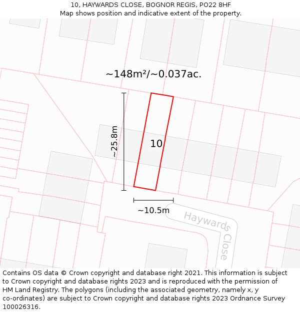 10, HAYWARDS CLOSE, BOGNOR REGIS, PO22 8HF: Plot and title map