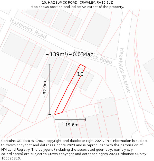 10, HAZELWICK ROAD, CRAWLEY, RH10 1LZ: Plot and title map