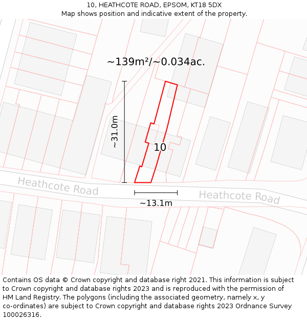 10, HEATHCOTE ROAD, EPSOM, KT18 5DX: Plot and title map