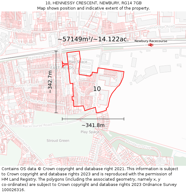 10, HENNESSY CRESCENT, NEWBURY, RG14 7GB: Plot and title map