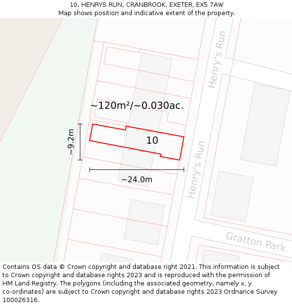 10, HENRYS RUN, CRANBROOK, EXETER, EX5 7AW: Plot and title map