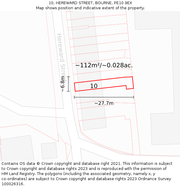 10, HEREWARD STREET, BOURNE, PE10 9EX: Plot and title map