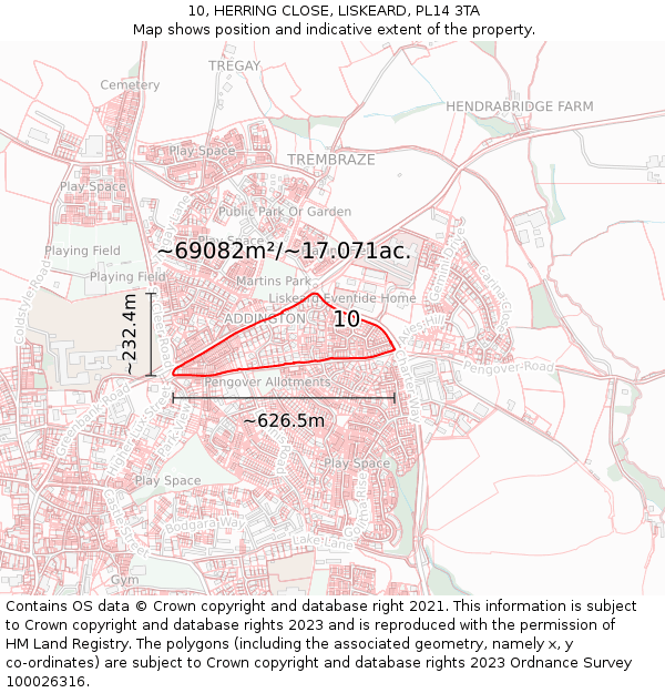 10, HERRING CLOSE, LISKEARD, PL14 3TA: Plot and title map
