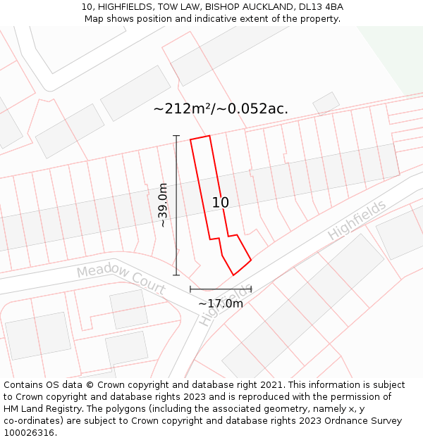 10, HIGHFIELDS, TOW LAW, BISHOP AUCKLAND, DL13 4BA: Plot and title map