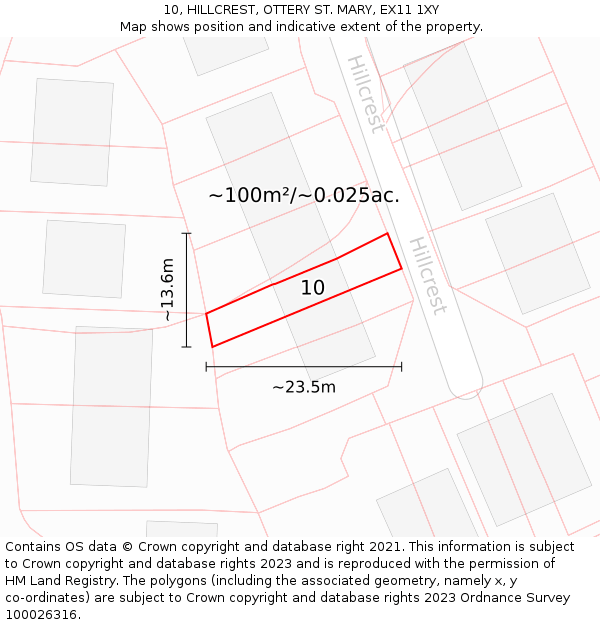 10, HILLCREST, OTTERY ST. MARY, EX11 1XY: Plot and title map
