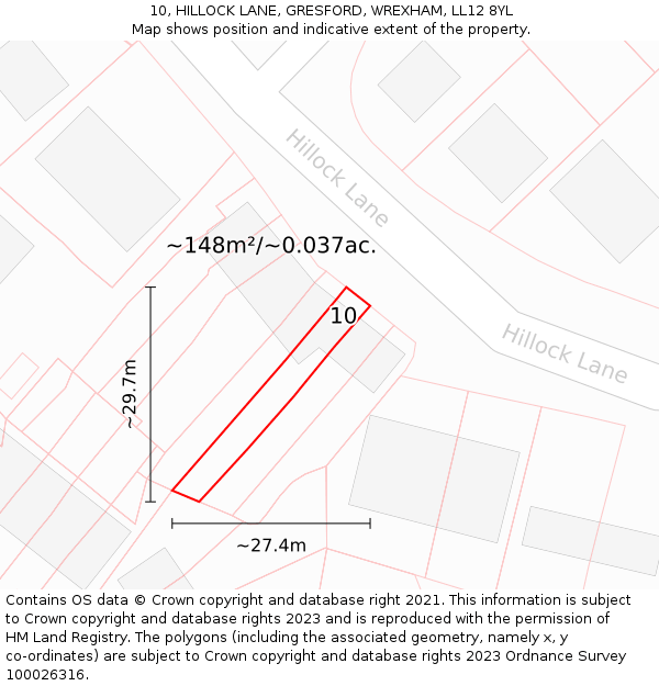 10, HILLOCK LANE, GRESFORD, WREXHAM, LL12 8YL: Plot and title map