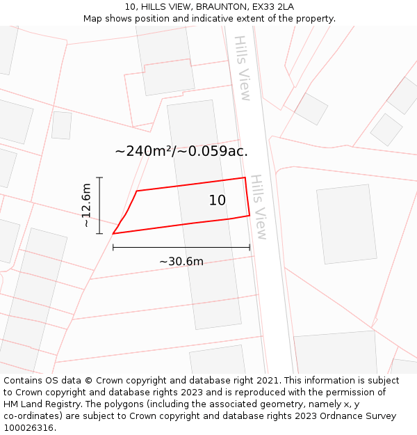 10, HILLS VIEW, BRAUNTON, EX33 2LA: Plot and title map