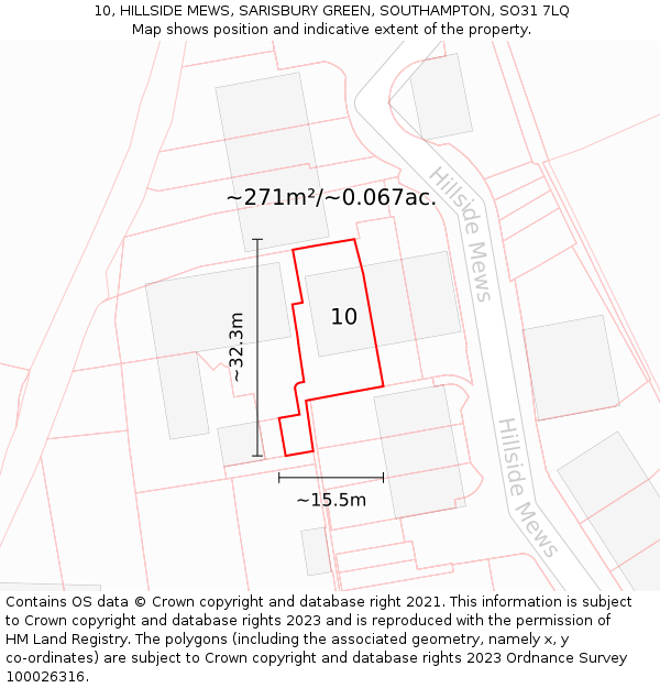 10, HILLSIDE MEWS, SARISBURY GREEN, SOUTHAMPTON, SO31 7LQ: Plot and title map