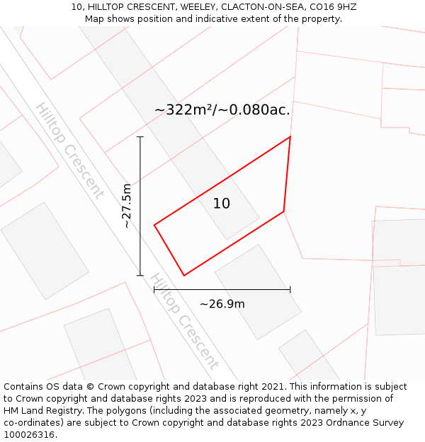 10, HILLTOP CRESCENT, WEELEY, CLACTON-ON-SEA, CO16 9HZ: Plot and title map