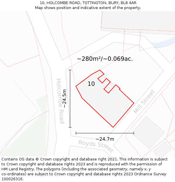 10, HOLCOMBE ROAD, TOTTINGTON, BURY, BL8 4AR: Plot and title map