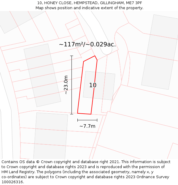 10, HONEY CLOSE, HEMPSTEAD, GILLINGHAM, ME7 3PF: Plot and title map