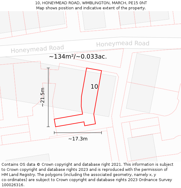 10, HONEYMEAD ROAD, WIMBLINGTON, MARCH, PE15 0NT: Plot and title map