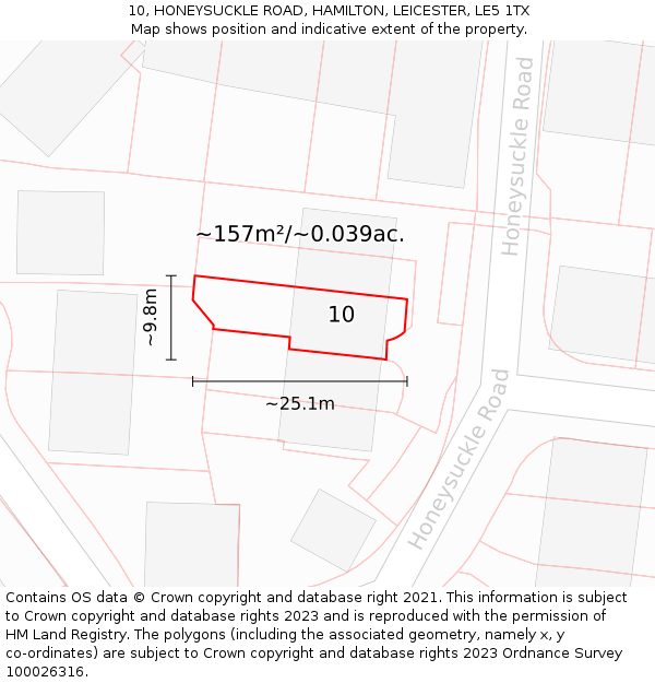 10, HONEYSUCKLE ROAD, HAMILTON, LEICESTER, LE5 1TX: Plot and title map