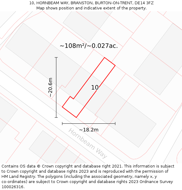 10, HORNBEAM WAY, BRANSTON, BURTON-ON-TRENT, DE14 3FZ: Plot and title map