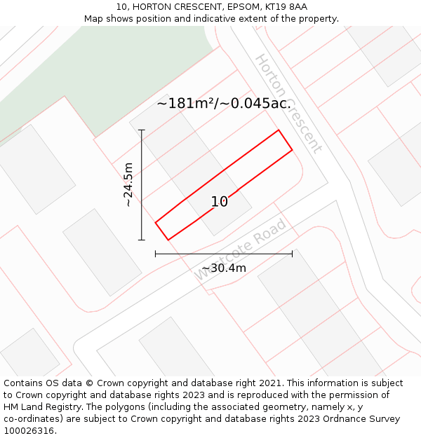 10, HORTON CRESCENT, EPSOM, KT19 8AA: Plot and title map