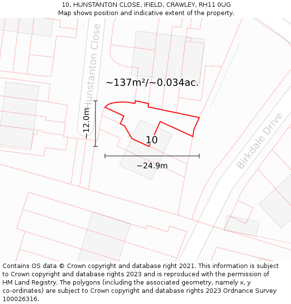 10, HUNSTANTON CLOSE, IFIELD, CRAWLEY, RH11 0UG: Plot and title map