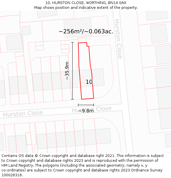 10, HURSTON CLOSE, WORTHING, BN14 0AX: Plot and title map