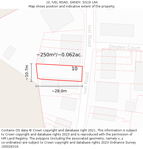 10, IVEL ROAD, SANDY, SG19 1AX: Plot and title map