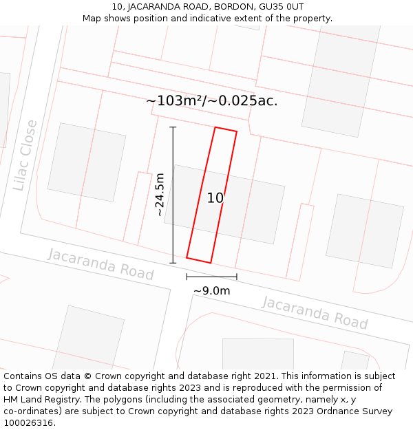 10, JACARANDA ROAD, BORDON, GU35 0UT: Plot and title map