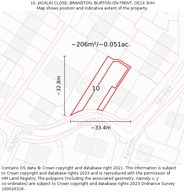 10, JACKLIN CLOSE, BRANSTON, BURTON-ON-TRENT, DE14 3HH: Plot and title map