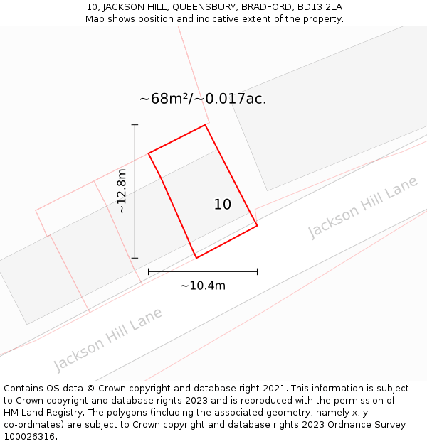 10, JACKSON HILL, QUEENSBURY, BRADFORD, BD13 2LA: Plot and title map