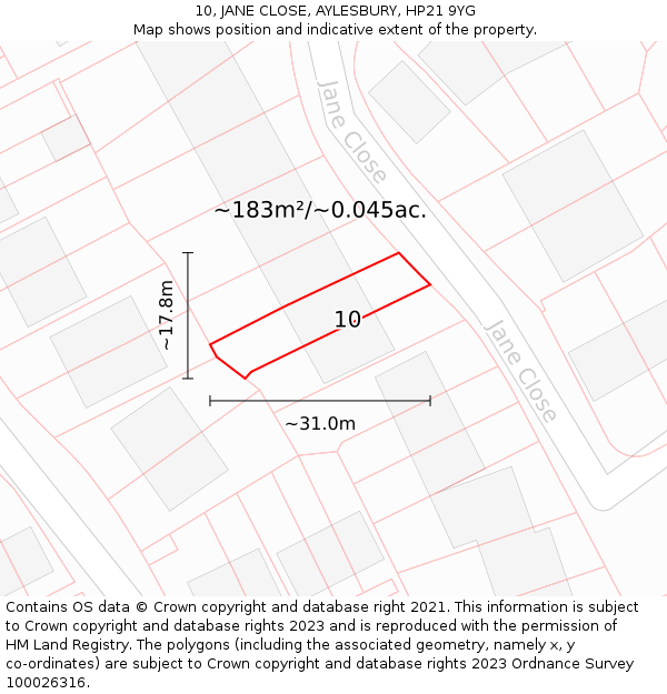 10, JANE CLOSE, AYLESBURY, HP21 9YG: Plot and title map