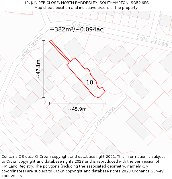 10, JUNIPER CLOSE, NORTH BADDESLEY, SOUTHAMPTON, SO52 9FS: Plot and title map