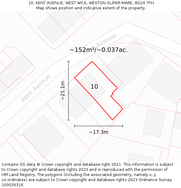 10, KENT AVENUE, WEST WICK, WESTON-SUPER-MARE, BS24 7FH: Plot and title map