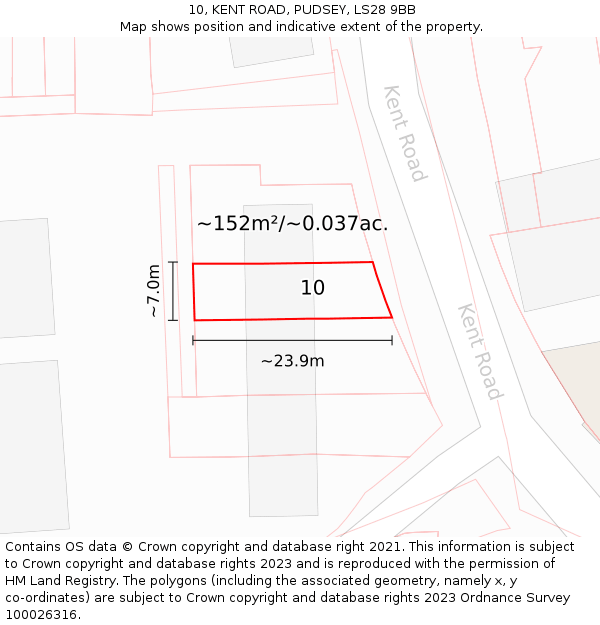 10, KENT ROAD, PUDSEY, LS28 9BB: Plot and title map