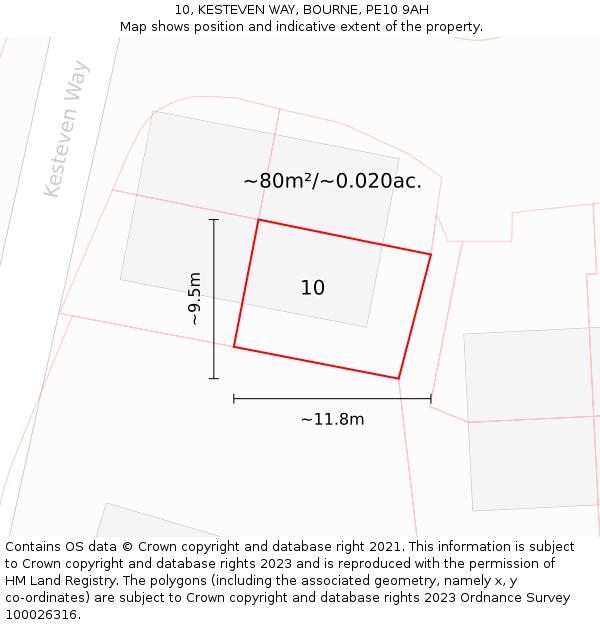 10, KESTEVEN WAY, BOURNE, PE10 9AH: Plot and title map