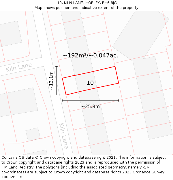 10, KILN LANE, HORLEY, RH6 8JG: Plot and title map