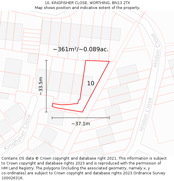 10, KINGFISHER CLOSE, WORTHING, BN13 2TX: Plot and title map
